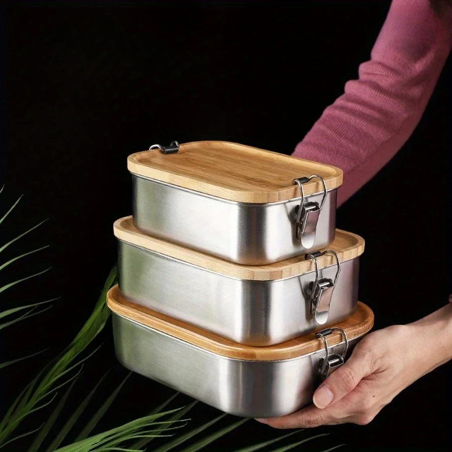 Stainless Lunch Box - Yeni 304 Paslanmaz Çelik Bambu Kapaklı